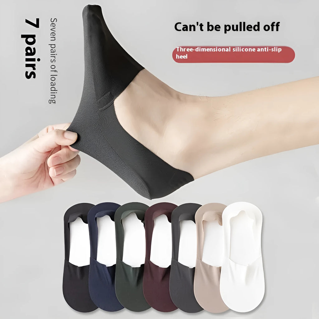 Men's invisible seamless low cut socks in ice silk and cotton blend, shown in multiple colours