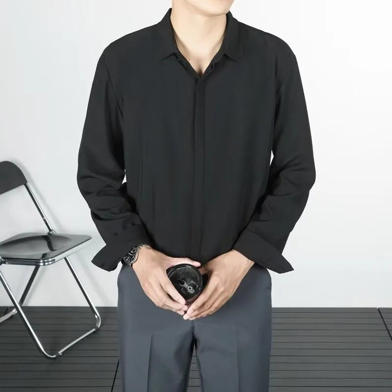 Korean-style loose fit men's long-sleeved shirt in linen and silk blend, solid colour, sizes S to 4XL