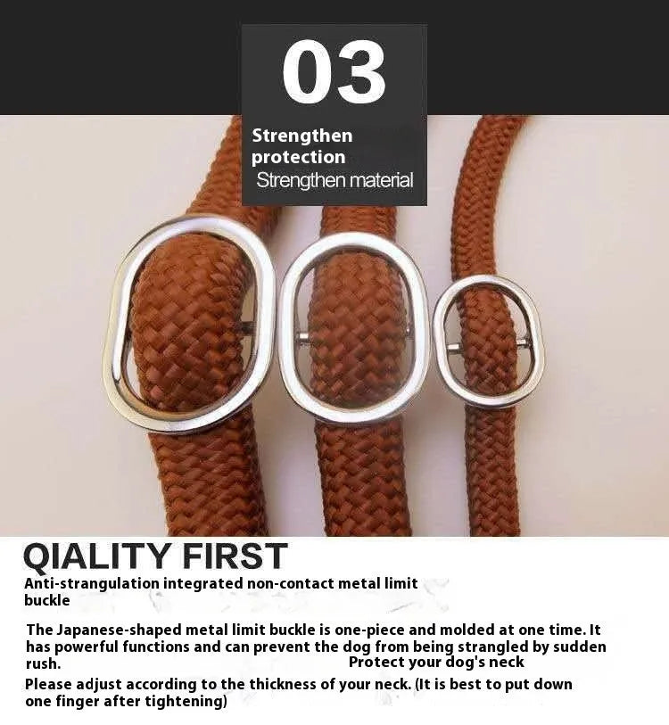 Brown nylon P chain dog leash with hand holding rope section, 2.1 metres long