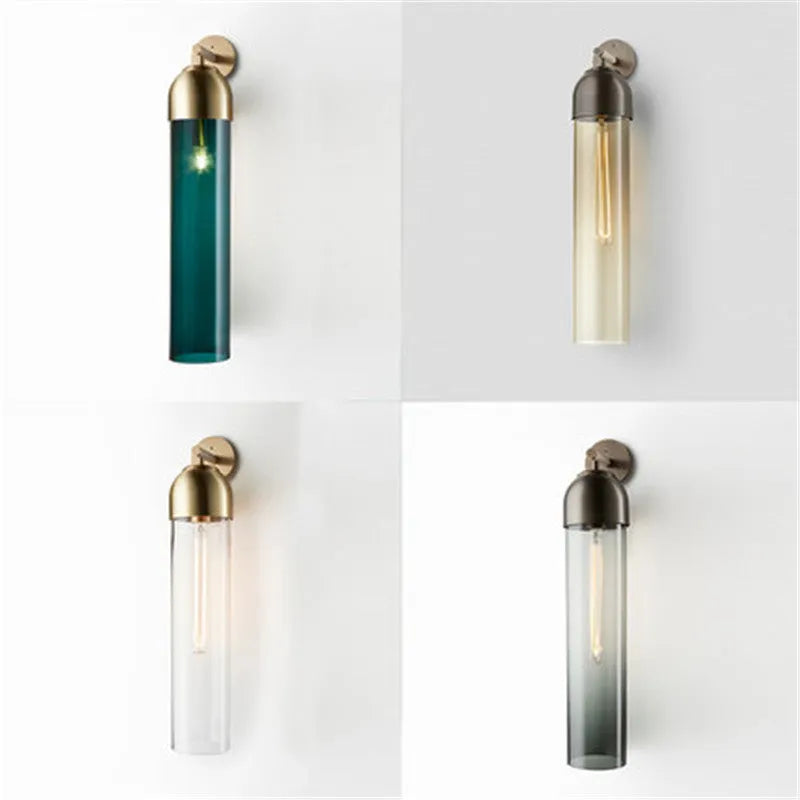 Nordic postmodern minimalist glass wall lamp with E27 holder in blue, amber, or smoke grey.