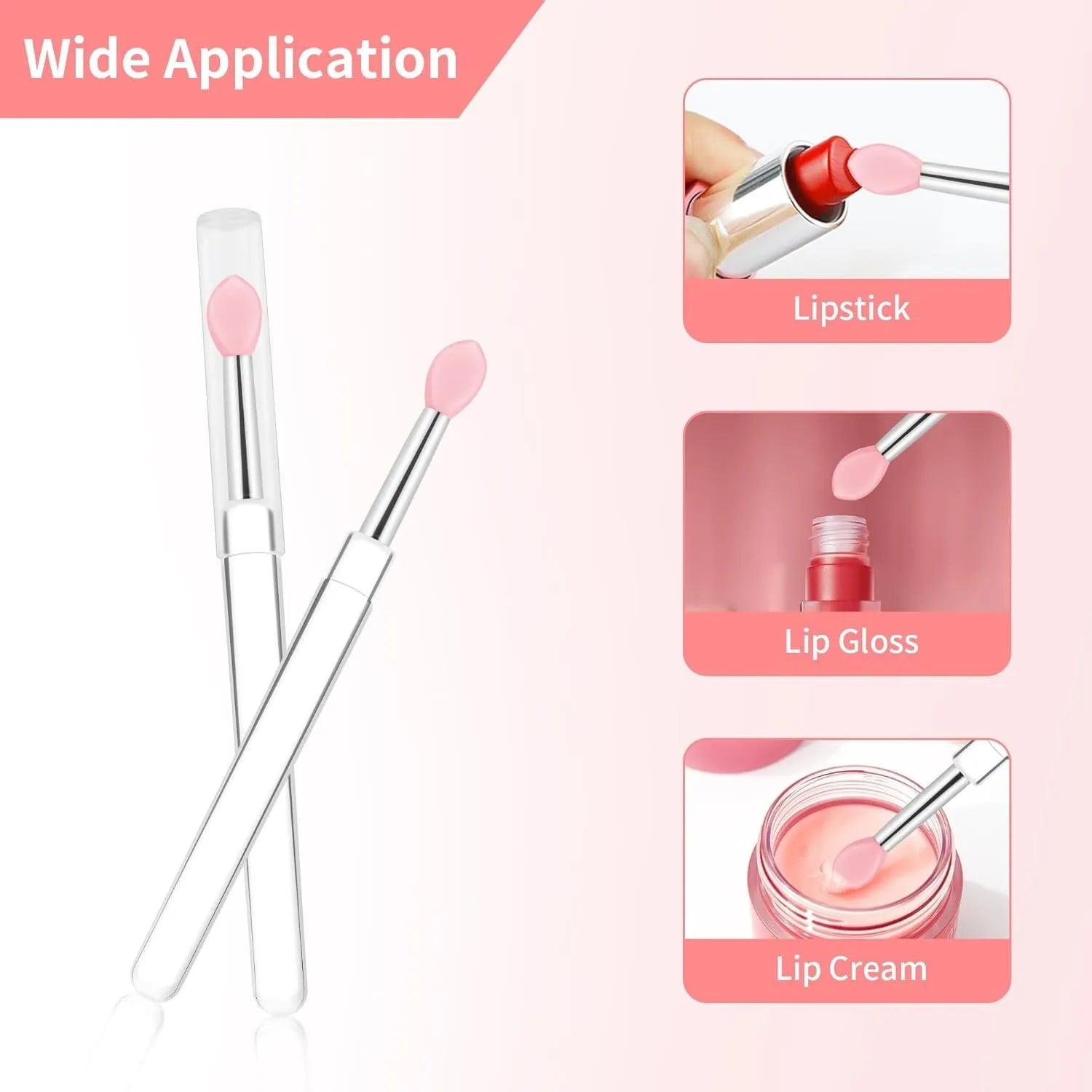 Set of reusable silicone lip brushes with protective caps in various colours on a white background.