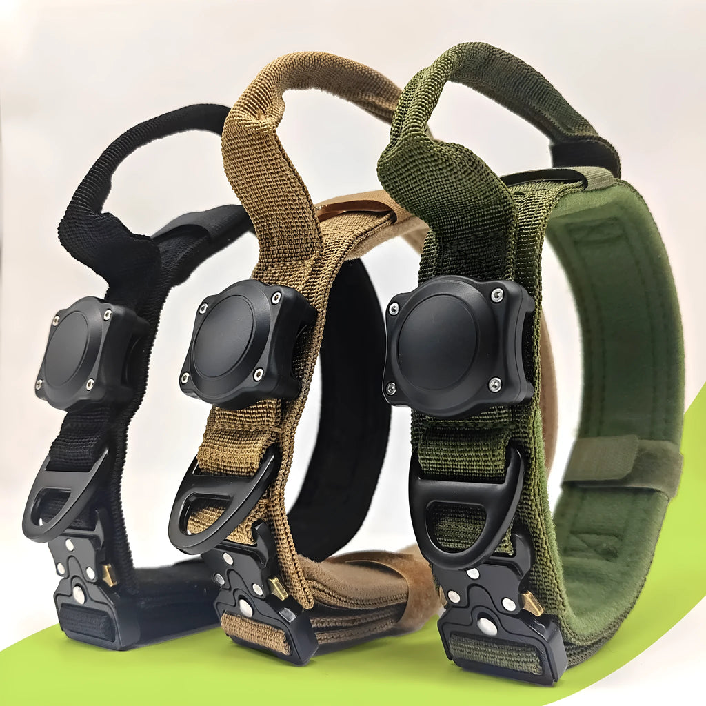 Tactical waterproof dog collar with positioning ring in black, army green, and khaki colours