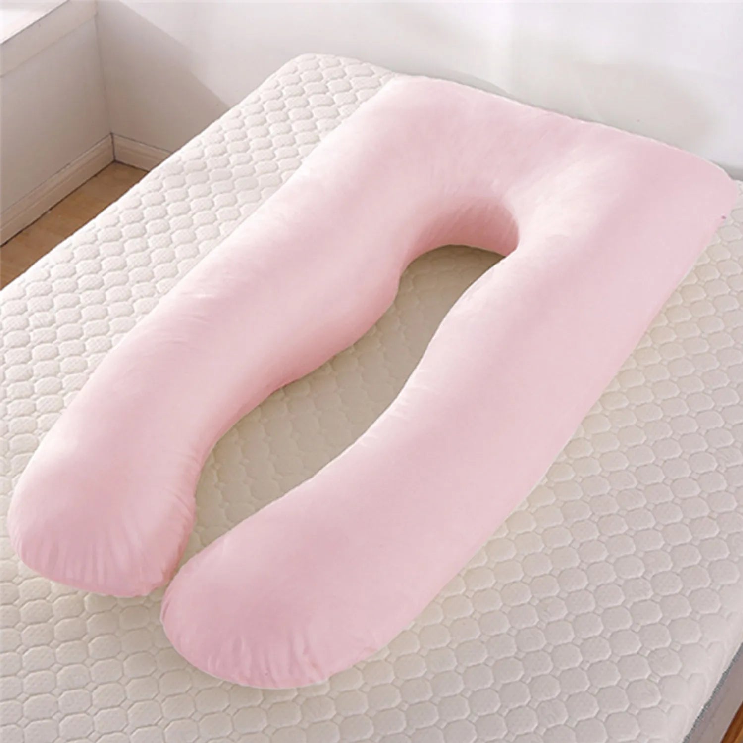 U-shaped maternity pillow in ice silk fabric for pregnancy support, shown in light blue colour.