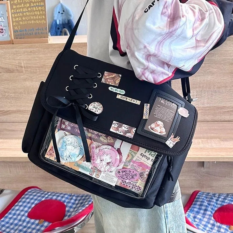 Daily casual transparent crossbody bag for women in nylon, 24 by 20 by 2.5 cm, six colour options including black, blue, pink, purple, white, yellow