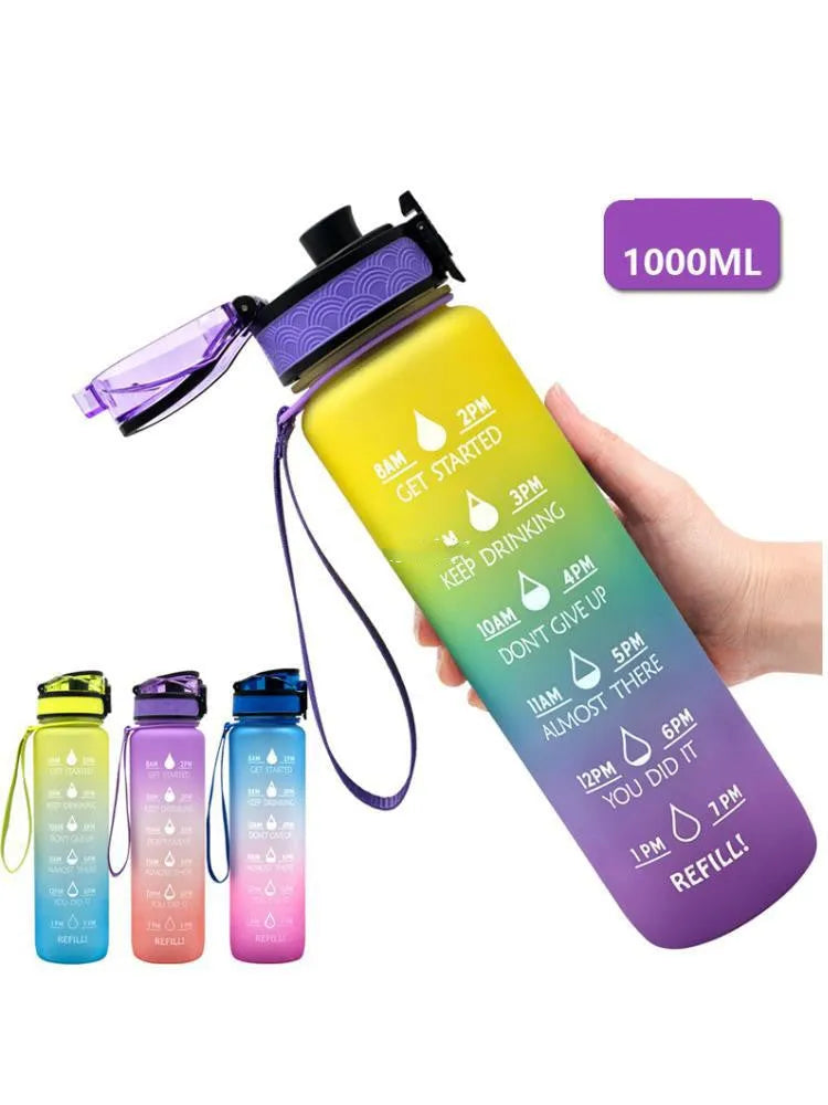 Transparent 1000ml sports water bottle with fruit infuser showing BPA-free Tritan construction