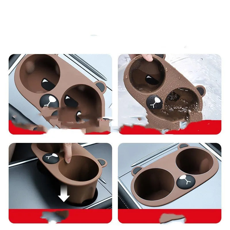 Silicone cup holder limiter insert for vehicle centre console in grey, tan, or pink colour.