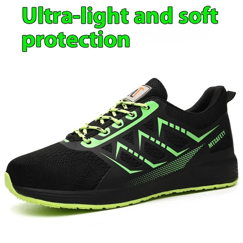 Ultra-light black steel toe safety boots with flat knitted uppers and lace-up front.