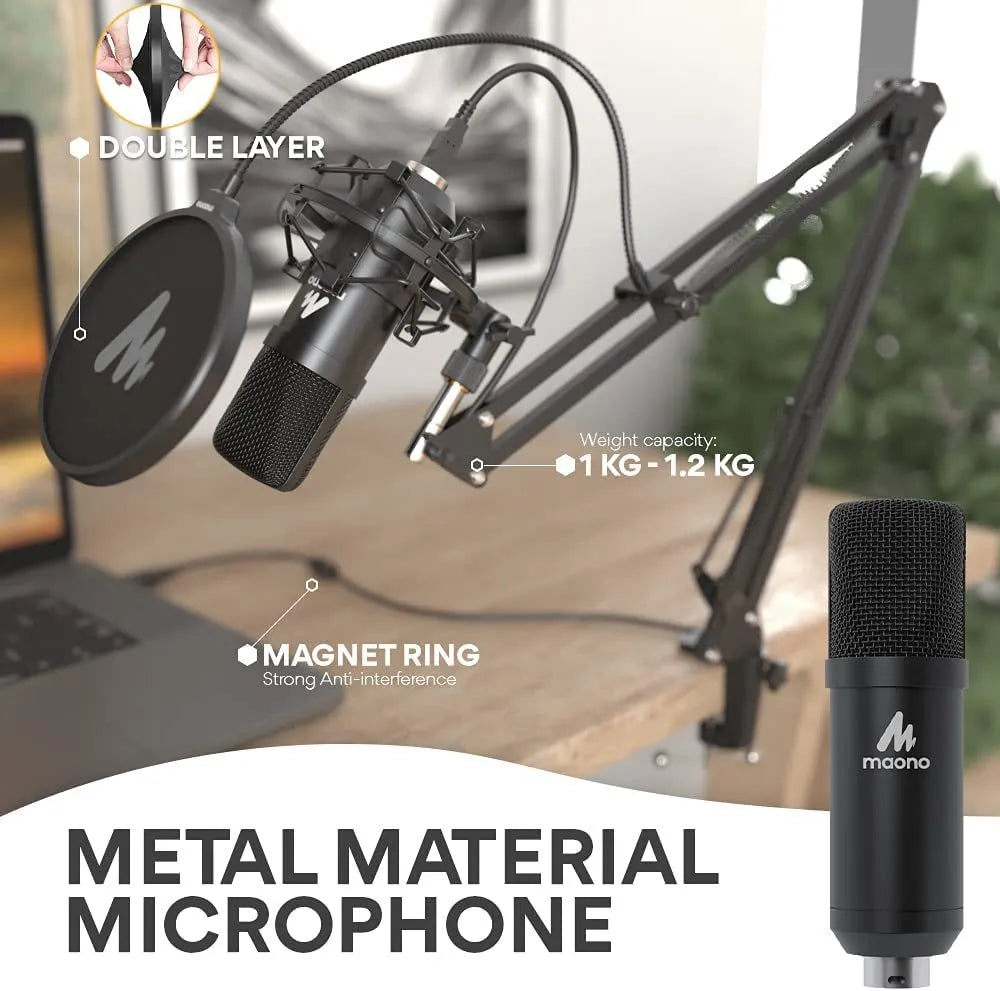 Black wired capacitor microphone on cantilever frame with shockproof support and sponge head for computer recording
