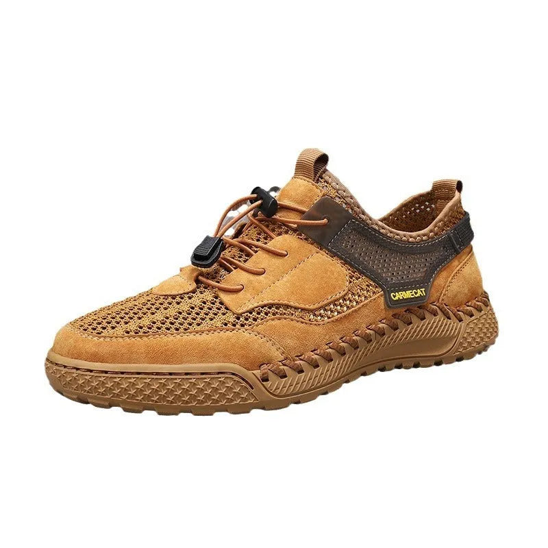 Men's brown suede low-top tennis shoes with elastic band and round toe