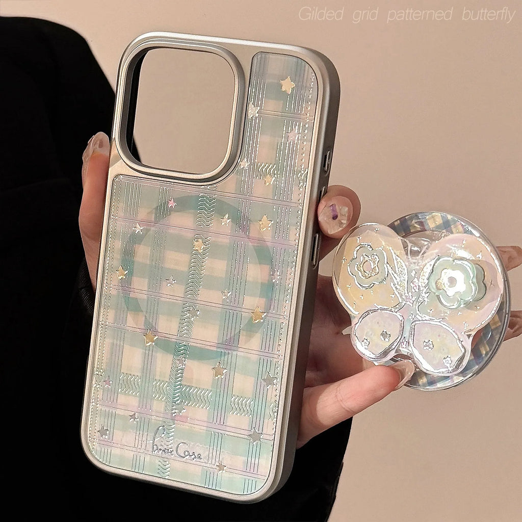 Gilding phone case with rotating bow magnetic bracket in silver edge magnetic green grid yellow and pink star.