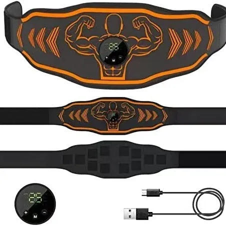 Blue and orange smart EMS massage belt kits with rechargeable host, adjustable strap, and arm muscle pads