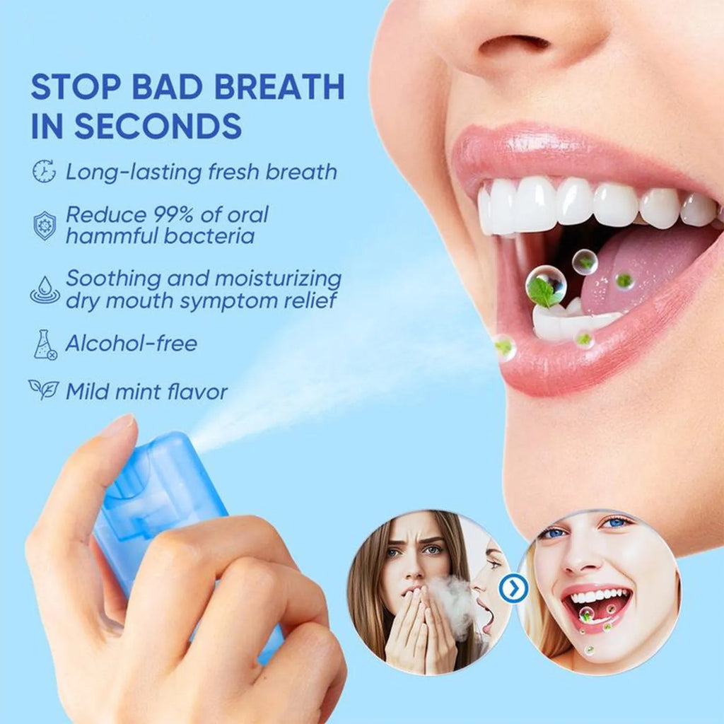 Portable oral spray for fresh breath for dating, compact plastic bottle