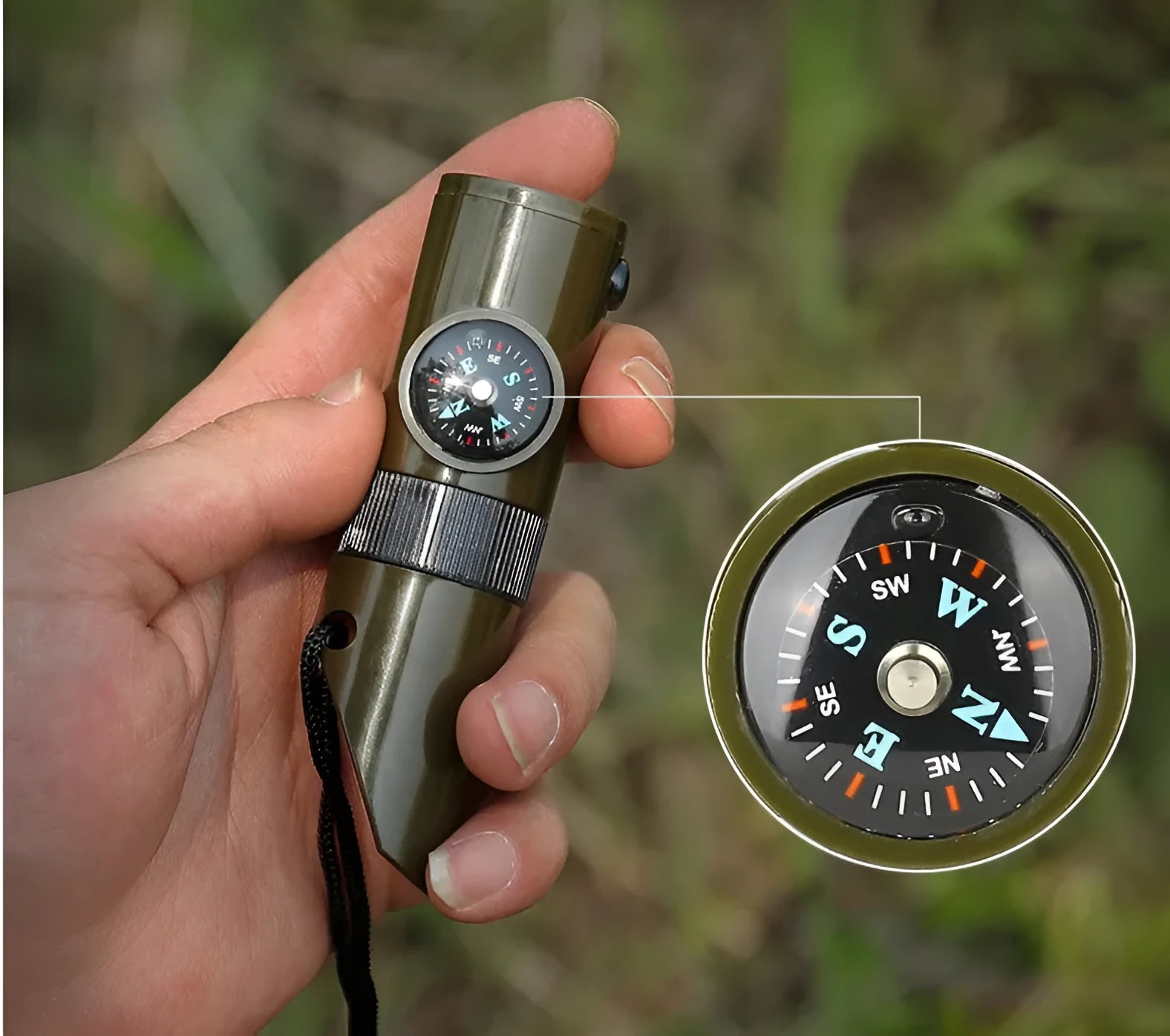 Outdoor Professional Seven-in-one Multifunctional Survival Whistle in army green with compass and whistle features