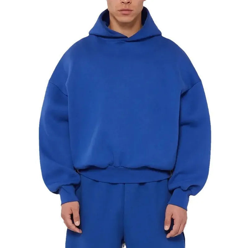 Men's solid colour fleece-lined cotton hoodie pullover shown in black, blue, grey, or red.