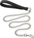 Heavy duty metal dog leash with soft padded handle and chew-proof chain in black, blue, or red