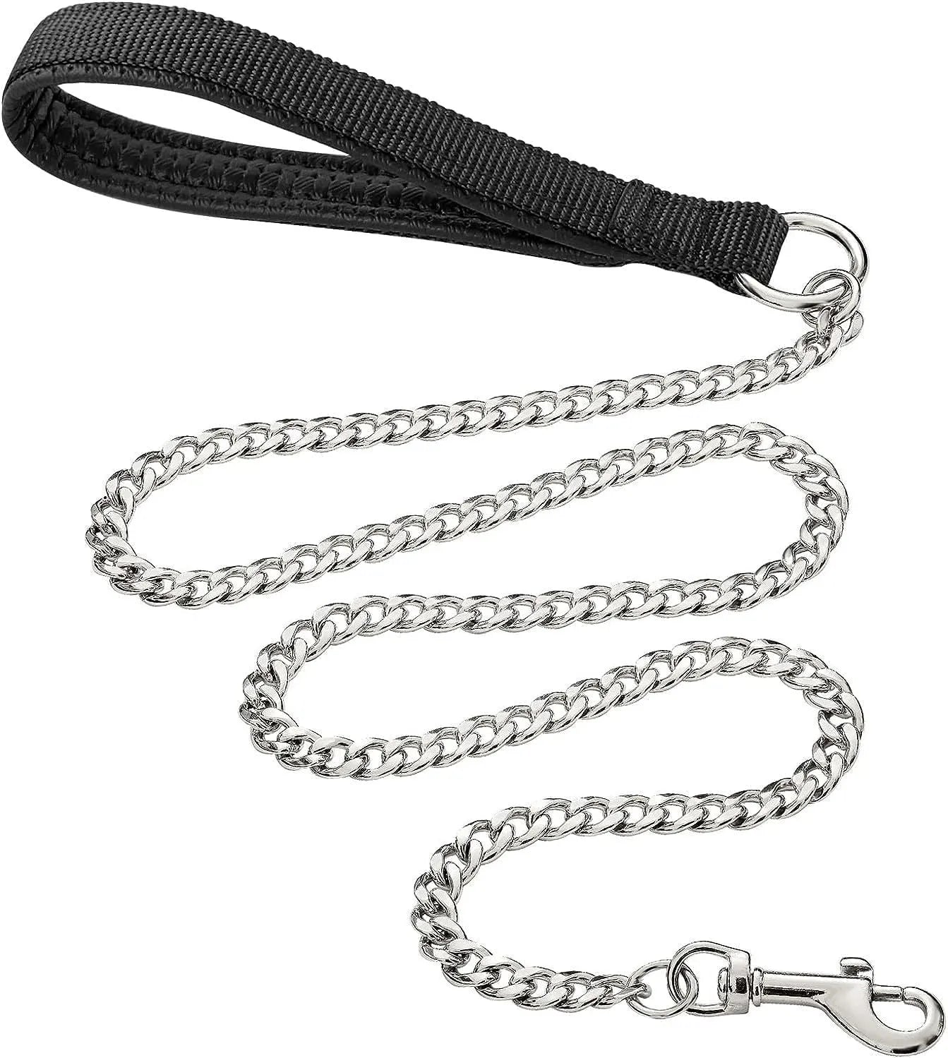 Heavy duty metal dog leash with soft padded handle and chew-proof chain in black, blue, or red