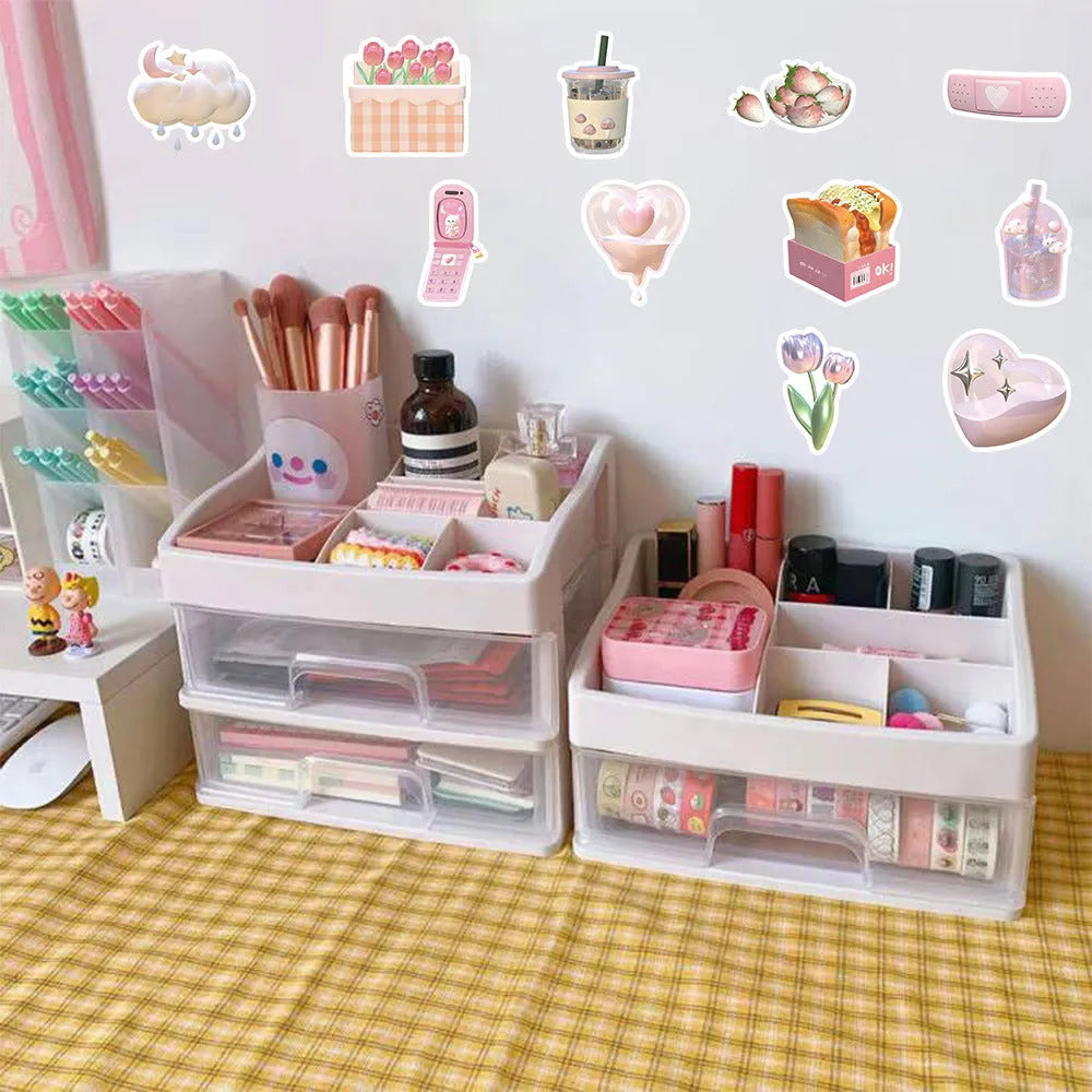 Pack of 63 pink girl heart decorative stickers with a realistic 3D effect and cute style.