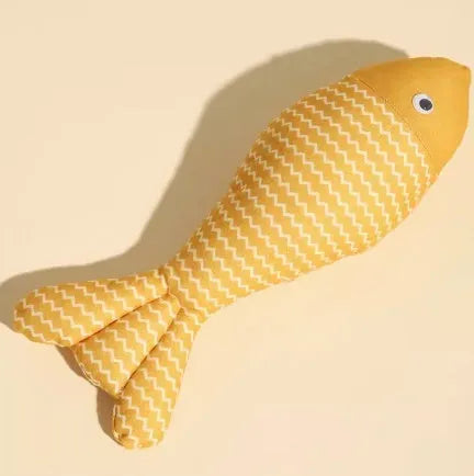 A blue, red, or yellow fabric fish-shaped cat toy filled with catnip, shown in large or medium sizes.