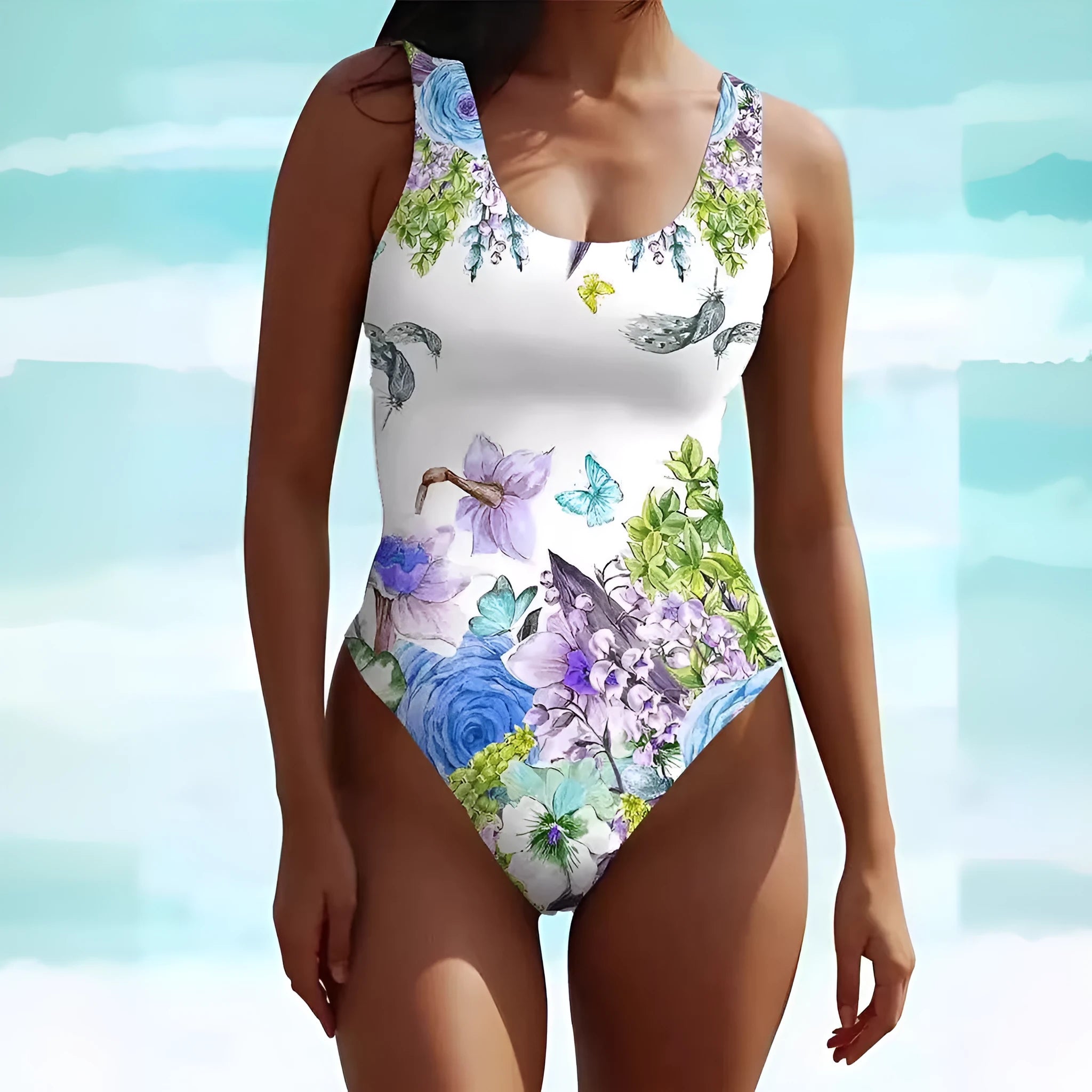 Women's sleeveless Bohemian style swimsuit dress in spandex with artistic retro pattern