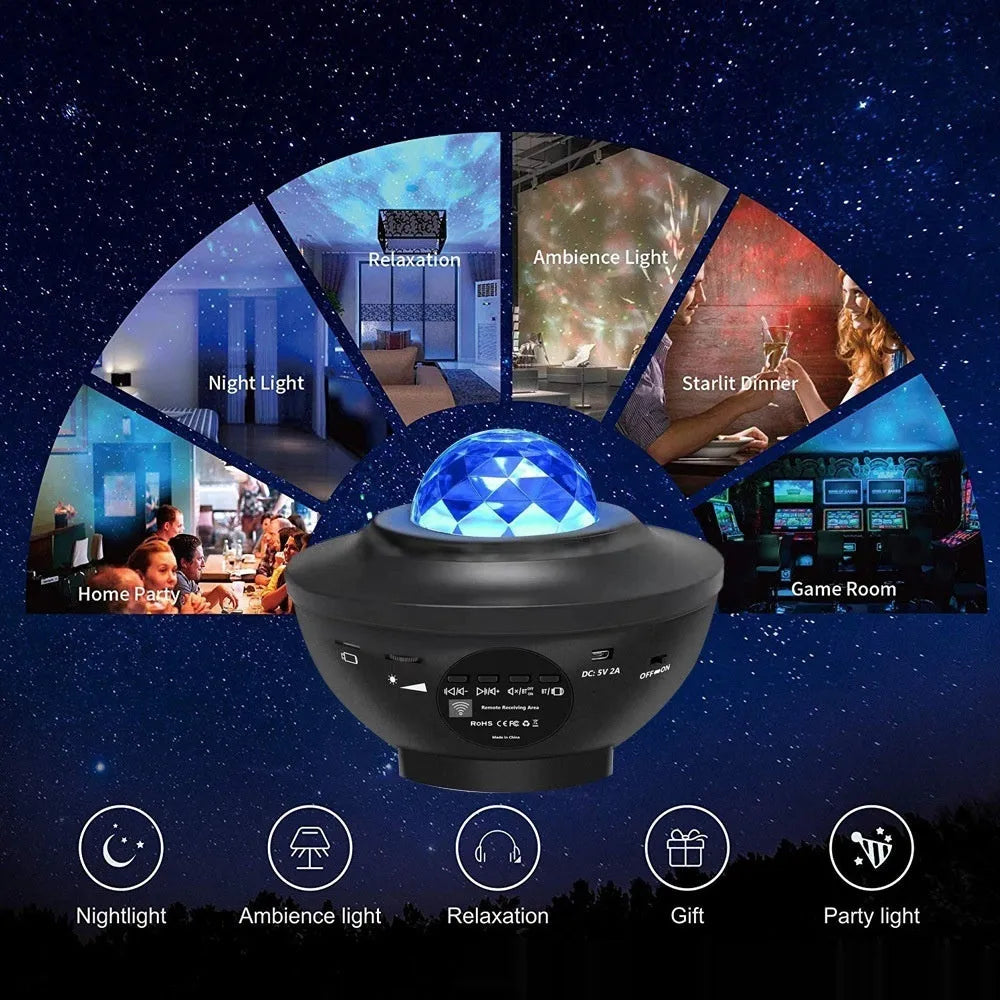 Black parallel style desktop atmosphere lamp projecting starry sky and water ripple laser effects.