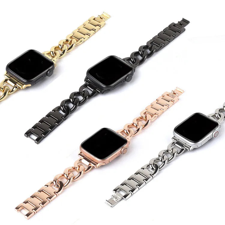 Stainless steel single row denim chain watch strap 180mm in silver colour on a dark background