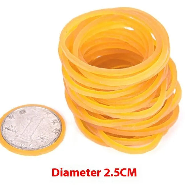 500g pack of yellow rubber bands in seven diameters from 16mm to 70mm