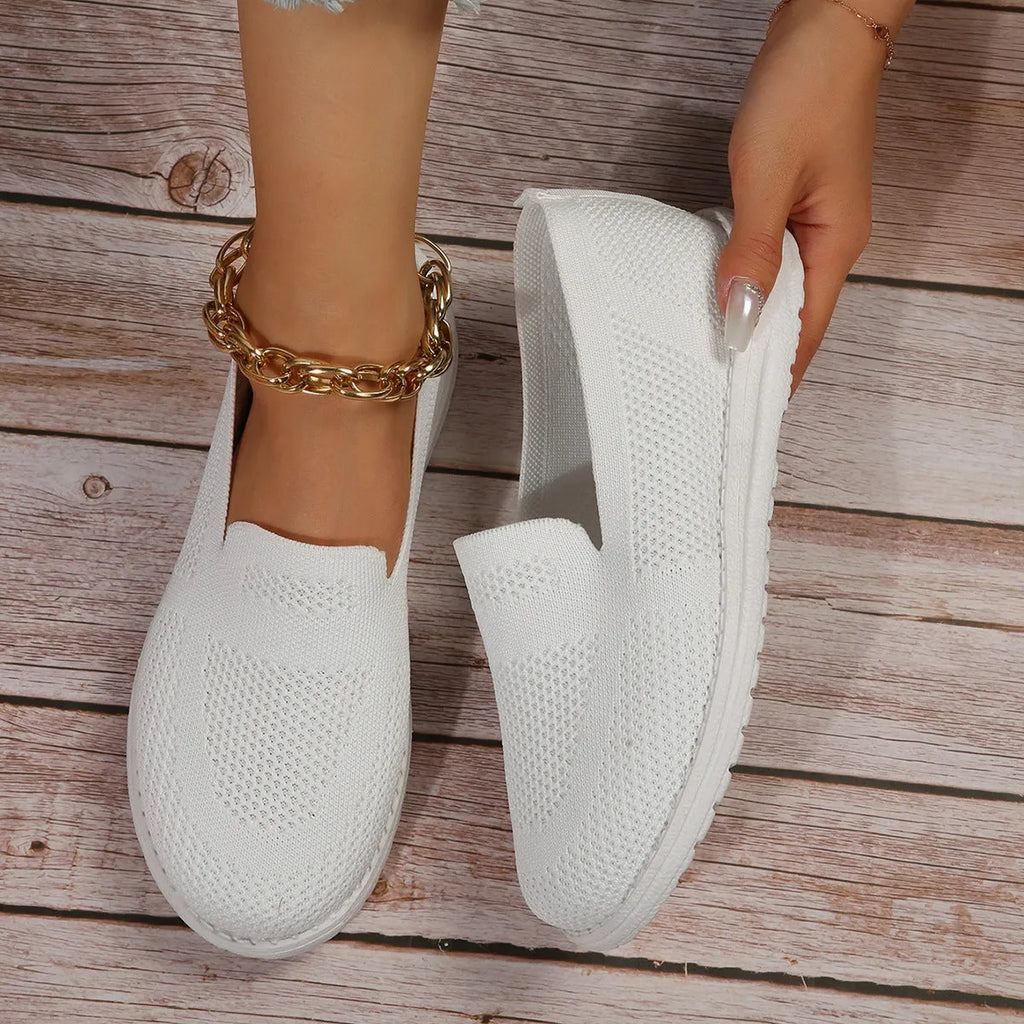 Women's mesh slip on loafers with round toe and flat heel in white colour option