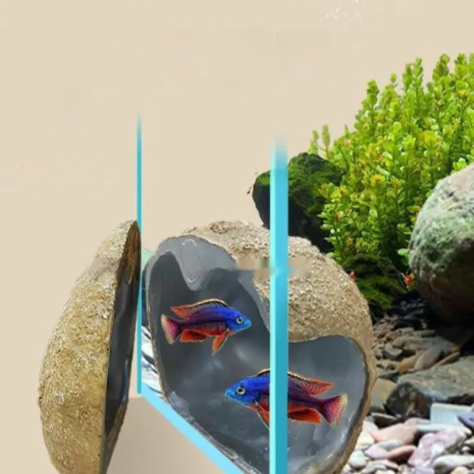 Magnetic fish tank shelter ornament attached to glass aquarium with optional food patch