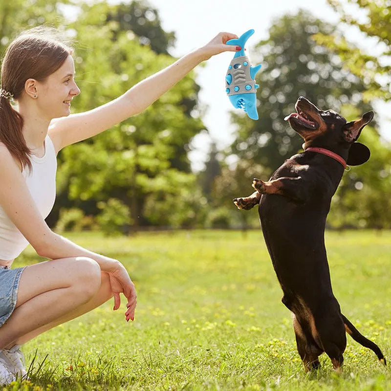 New dog teething leaky toy in blue with shark-tooth texture for cleaning and bite-resistant design