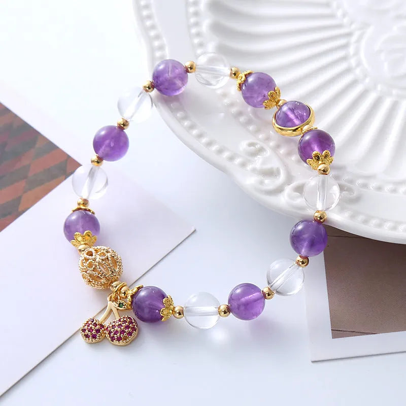 Purple amethyst crystal bracelet with micro-inlaid cherry flower design for women