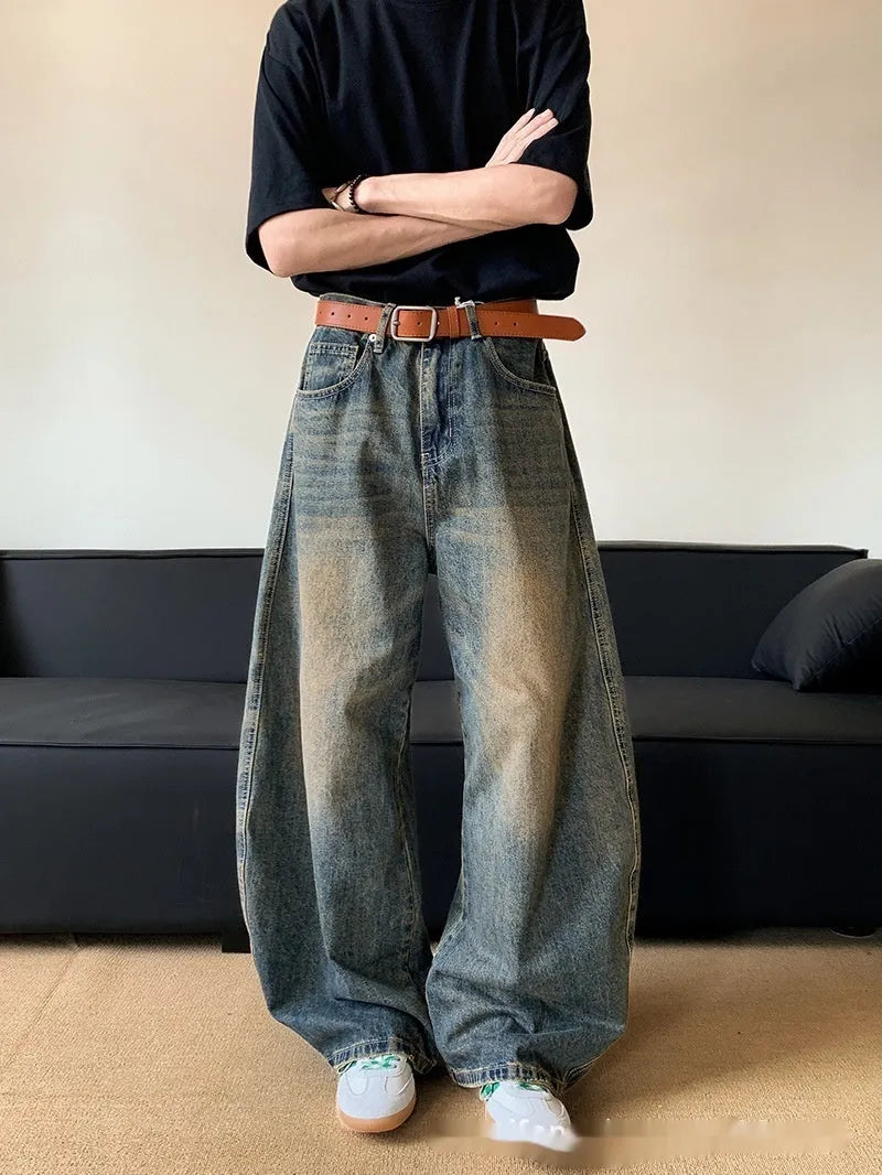 Men's retro blue distressed wide-leg jeans with slimming fit and zipper fly