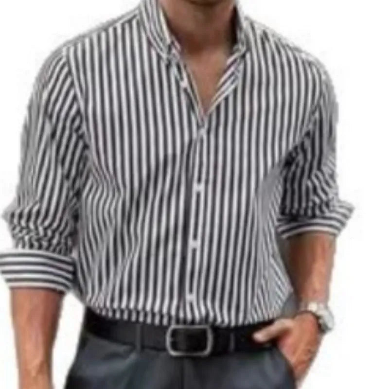 Men's striped casual button shirt with cardigan-style collar and long sleeves in loose fit