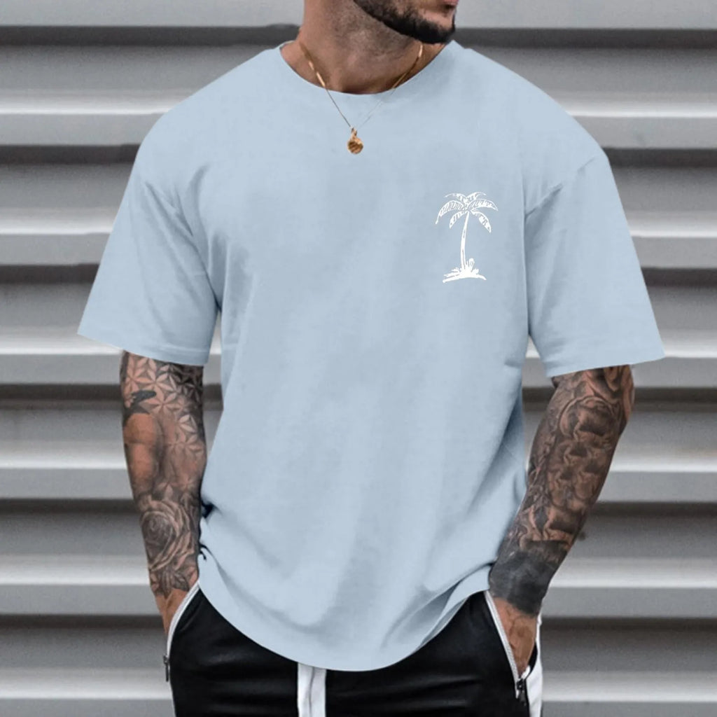 Men's round neck printed short sleeve t-shirt in loose fit polyester fibre, front view