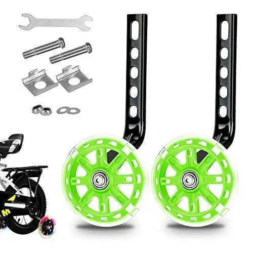 Set of children's bicycle training wheels with metal brackets and hardware in assorted colours