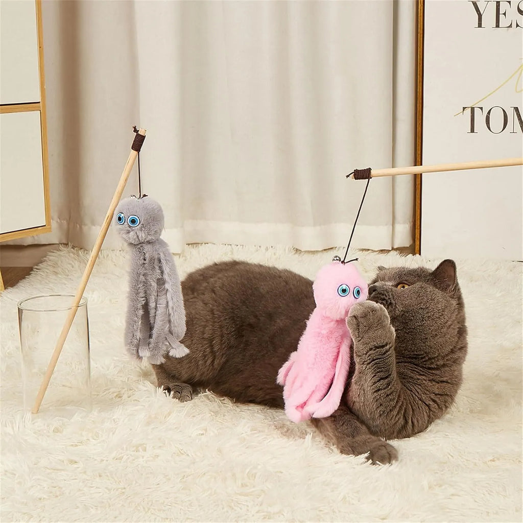 Colourful octopus cat toy with long stick and feather elements for indoor play