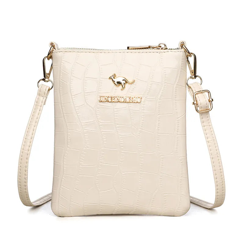 Square vertical shoulder messenger bag in stone pattern colour with file compartment visible