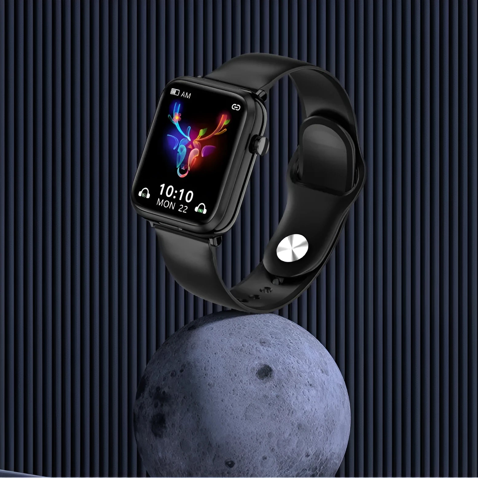 Black all-touch smart Bluetooth headset watch with 1.69-inch screen on wrist, showing charging case with earpieces.
