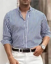 Men's striped casual button shirt with cardigan-style collar and long sleeves in loose fit