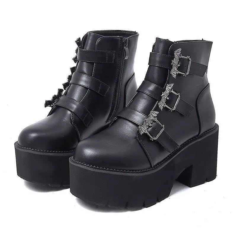 Black women's Harajuku punk-style Martin boots with a bat buckle and side zipper.