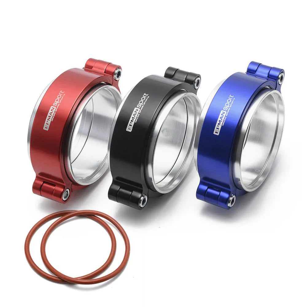 Aluminium fixed movement clamp for car exhaust in black, blue, or red, shown in 2 inch, 2.5 inch, and 3 inch sizes.