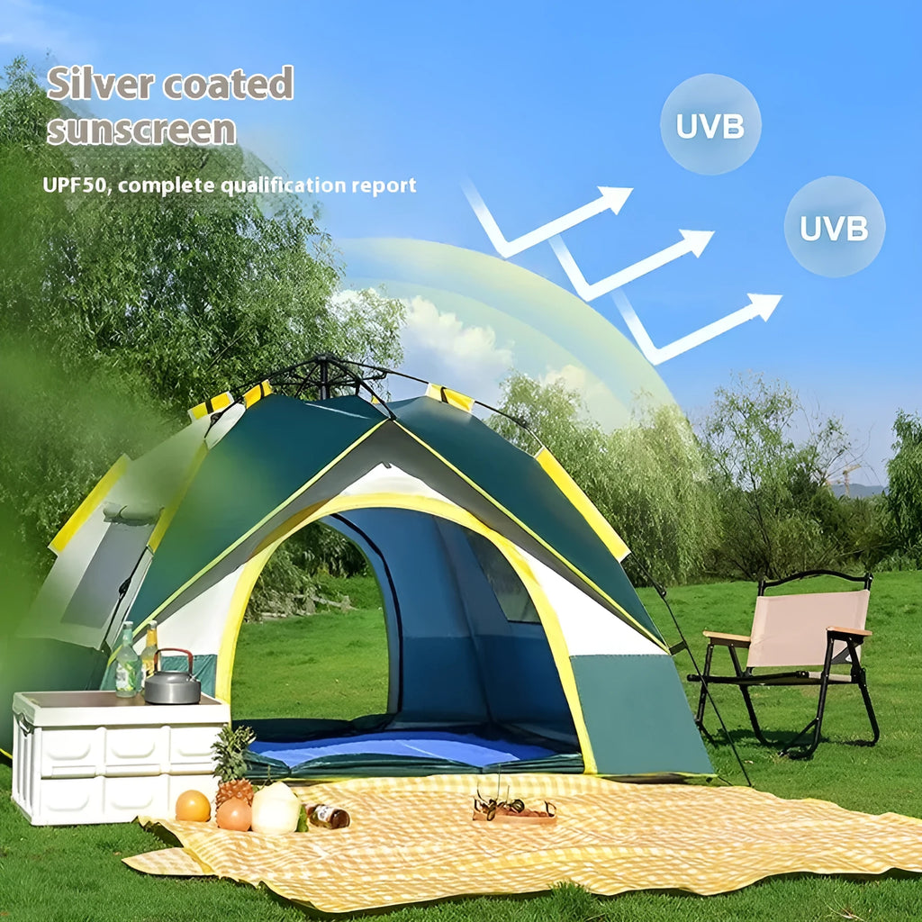 Dark green silver glue automatic quick-open camping tent for 3-4 people set up outdoors.