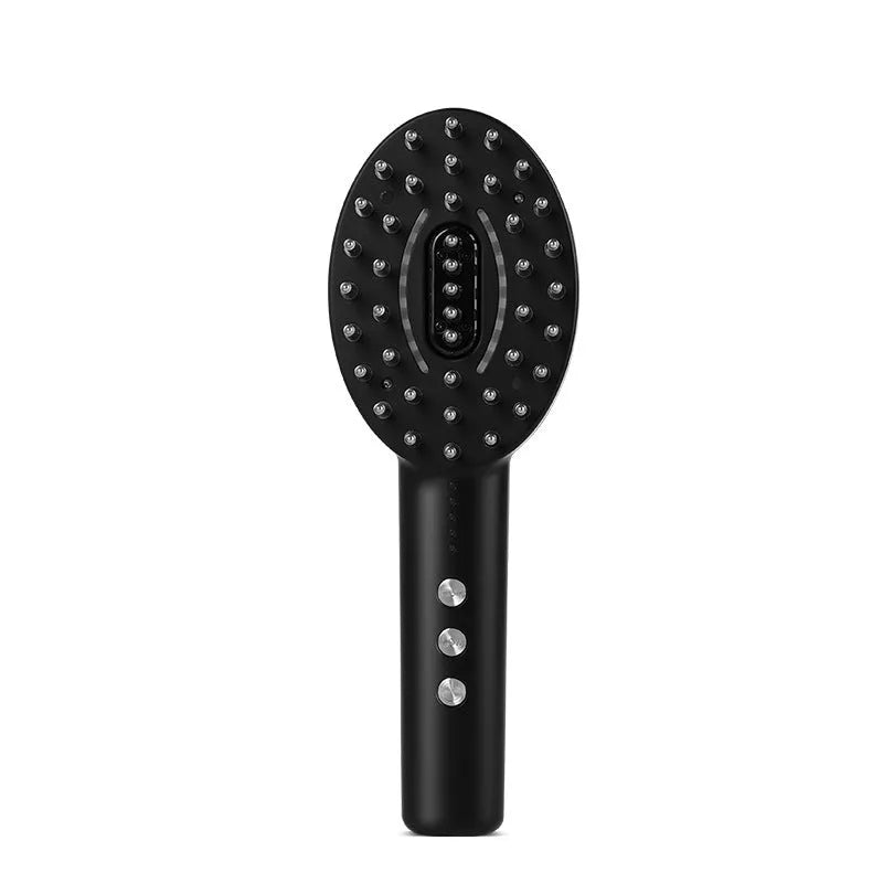 Handheld KD3802 Black scalp massage device with USB charging cable on a plain background.