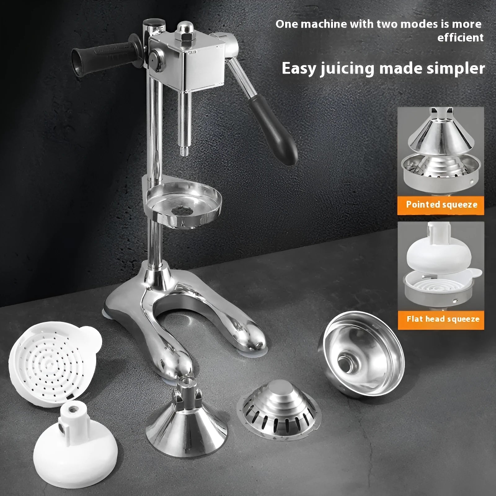 Vertical stainless steel manual citrus juicer shown in a choice of colours and with pointed tip, flat top, and double headed style options.
