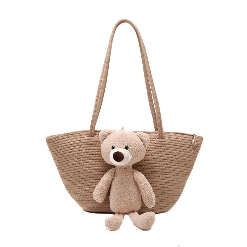 Woven cotton linen dumpling-shaped bag with double shoulder straps in six colour options