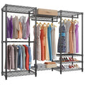 Black metal freestanding floor storage rack for clothes hangers, trousers, and ties.