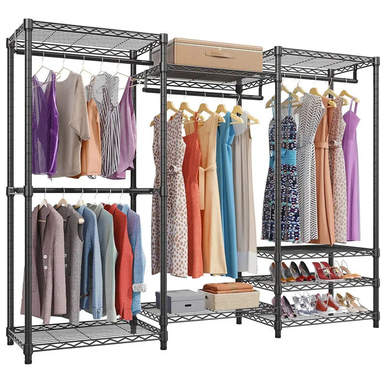 Black metal freestanding floor storage rack for clothes hangers, trousers, and ties.