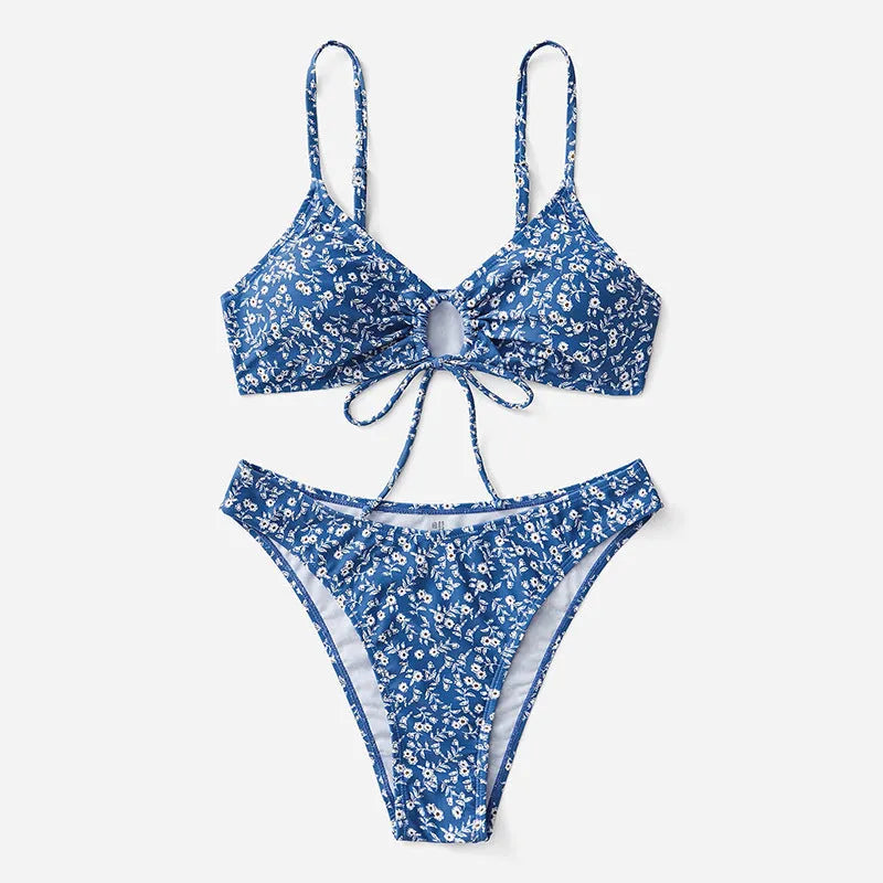 Blue women's polyester swimsuit three-piece set without steel ring, sizes S M L.