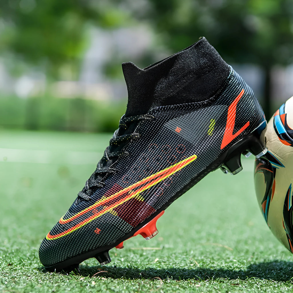 High top football boots with AG spike sole for artificial turf, non-slip rubber outsole, black colour