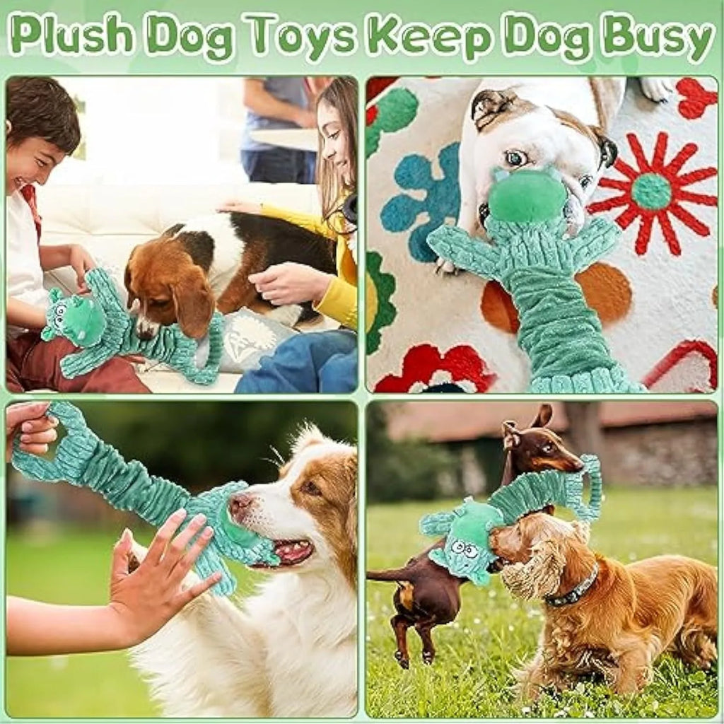 Large plush hippo or monkey dog toy with a handle, shown for interactive squeaky and tug-of-war play.
