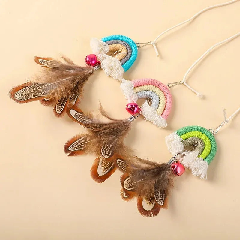 Cat door hanging toy with feather rope on elastic swing and sticky buckle clamp